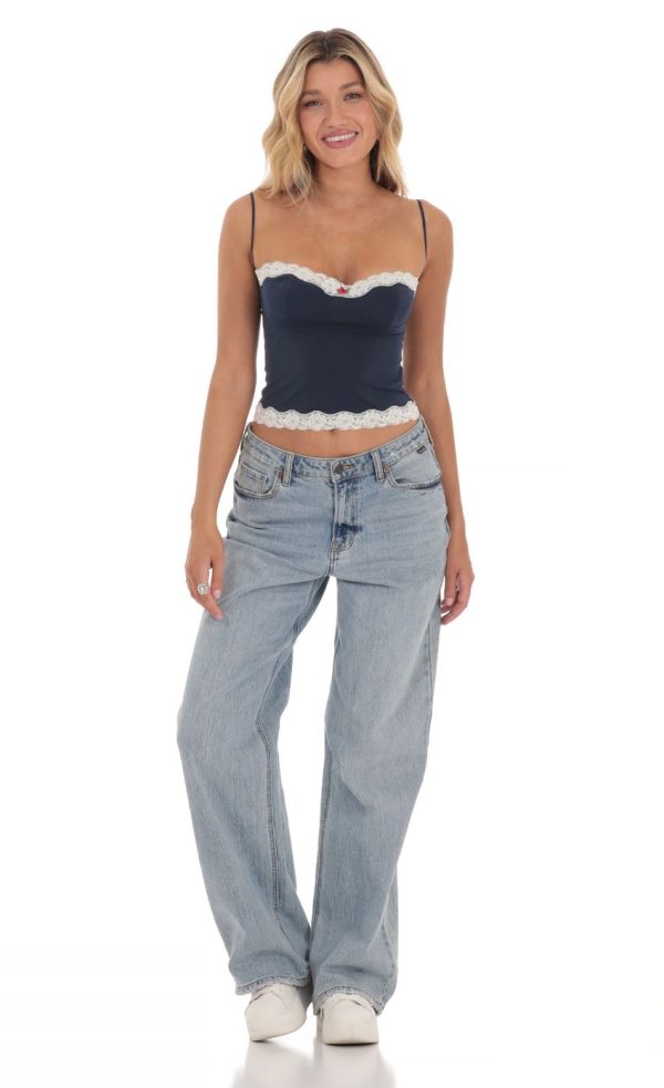 Lace Trim Top in Navy - Image 4