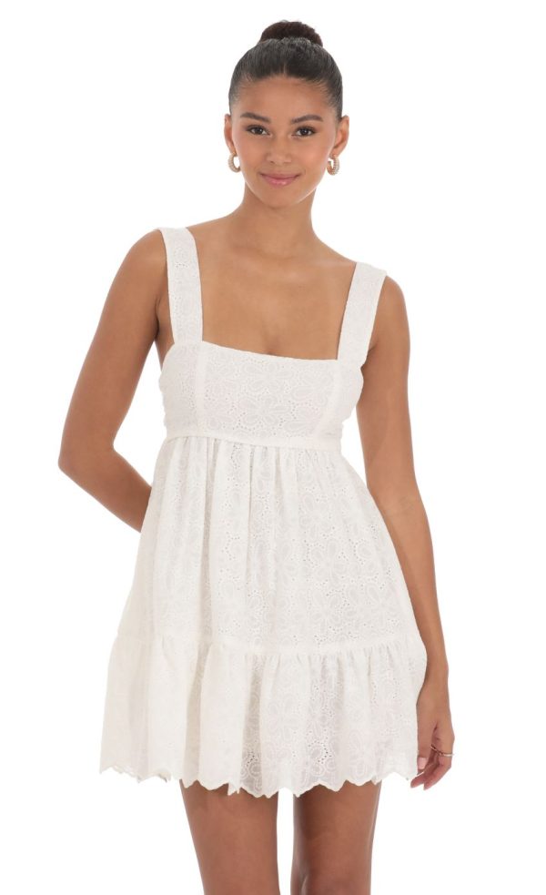 Floral Eyelet Dress in White - Image 4