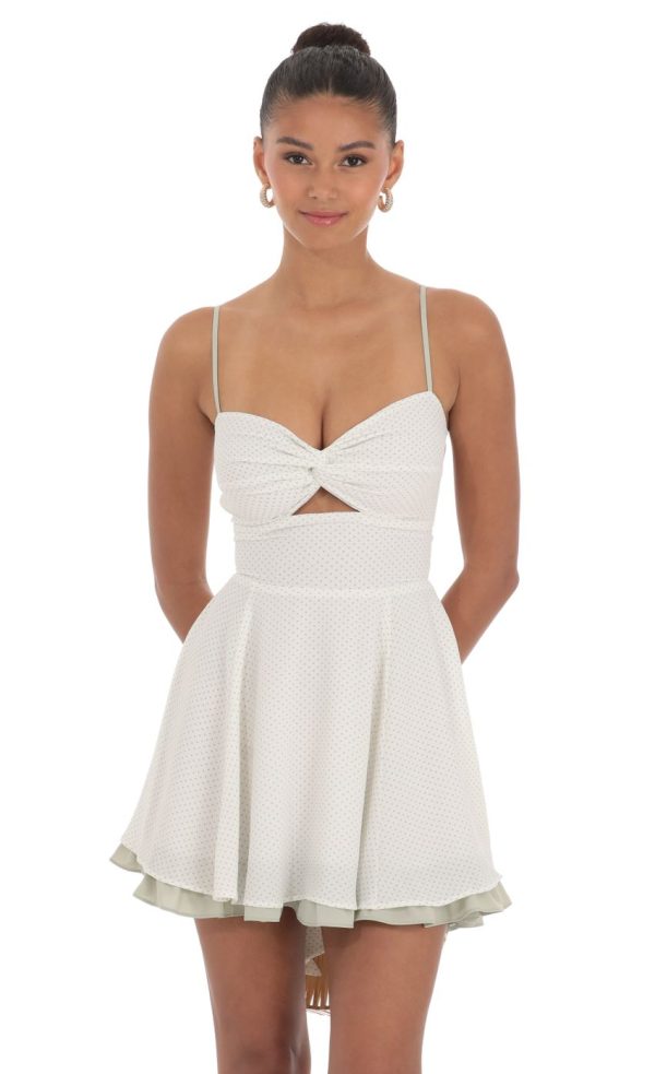 Polka Dot Twist A-line Dress in White - Image 4