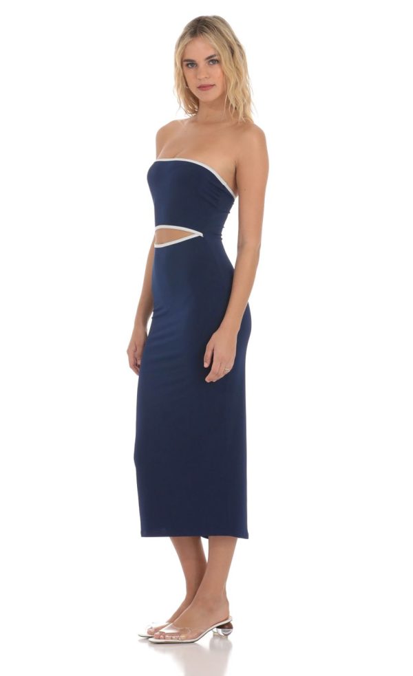 Cutout Strapless Midi Dress in Navy - Image 3