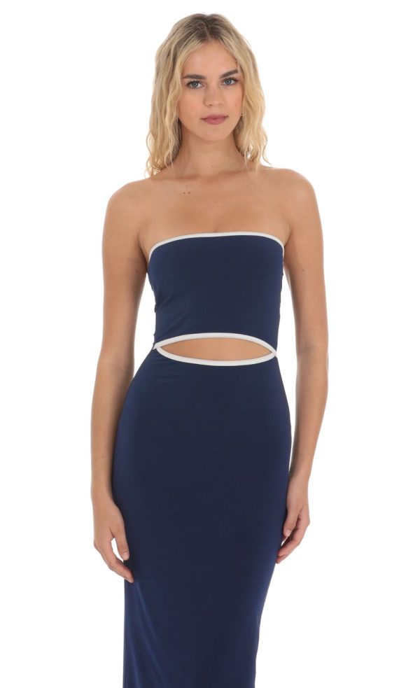 Cutout Strapless Midi Dress in Navy - Image 4