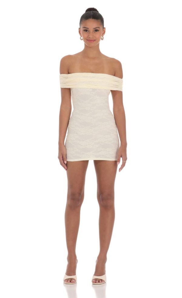 Off Shoulder Lace Bodycon Dress in Cream - Image 2