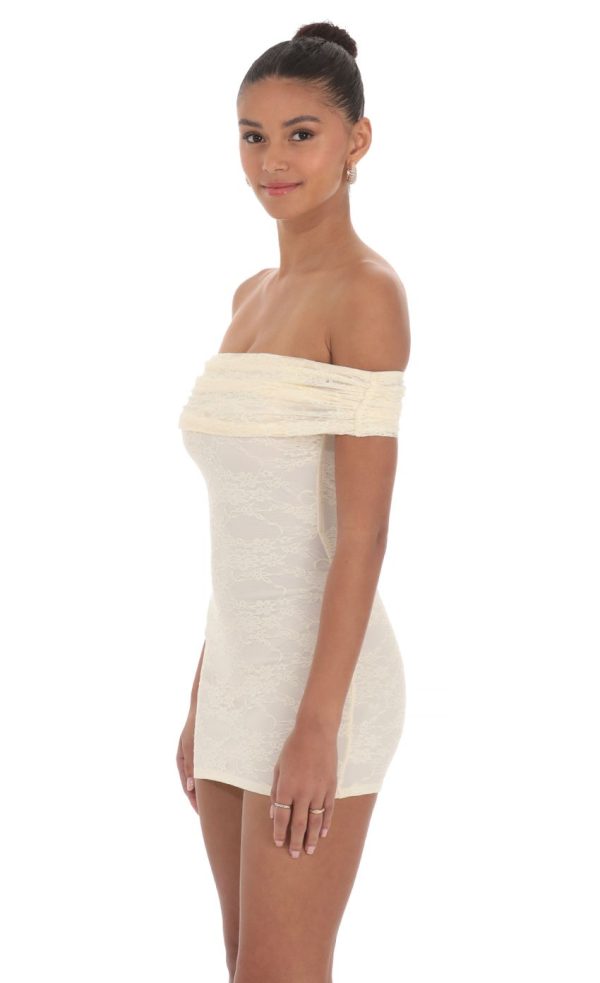 Off Shoulder Lace Bodycon Dress in Cream - Image 3