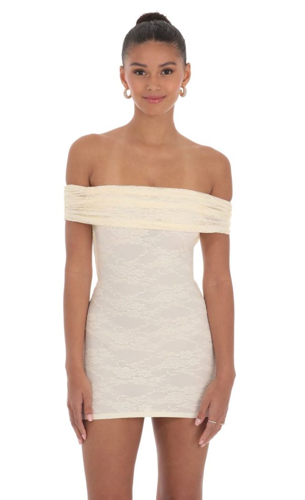 Off Shoulder Lace Bodycon Dress in Cream - Image 4