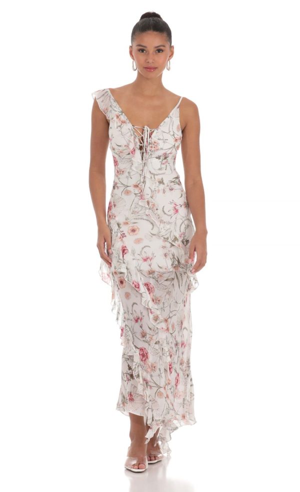 Floral Chiffon Ruffle Maxi Dress in White