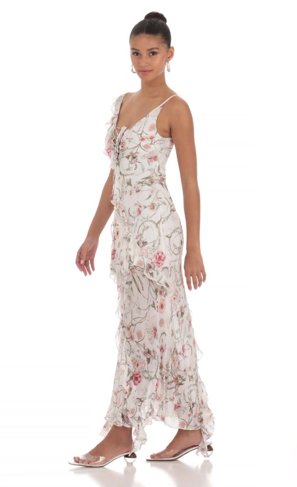 Floral Chiffon Ruffle Maxi Dress in White - Image 3