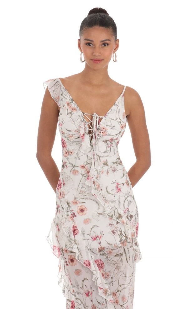 Floral Chiffon Ruffle Maxi Dress in White - Image 4