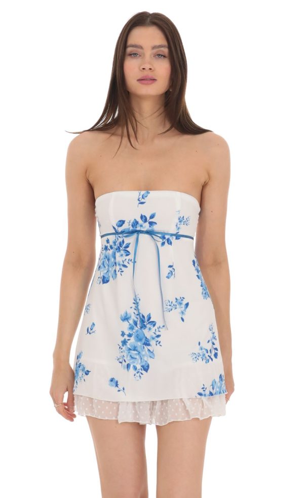 Floral Dotted Strapless Dress in White - Image 4