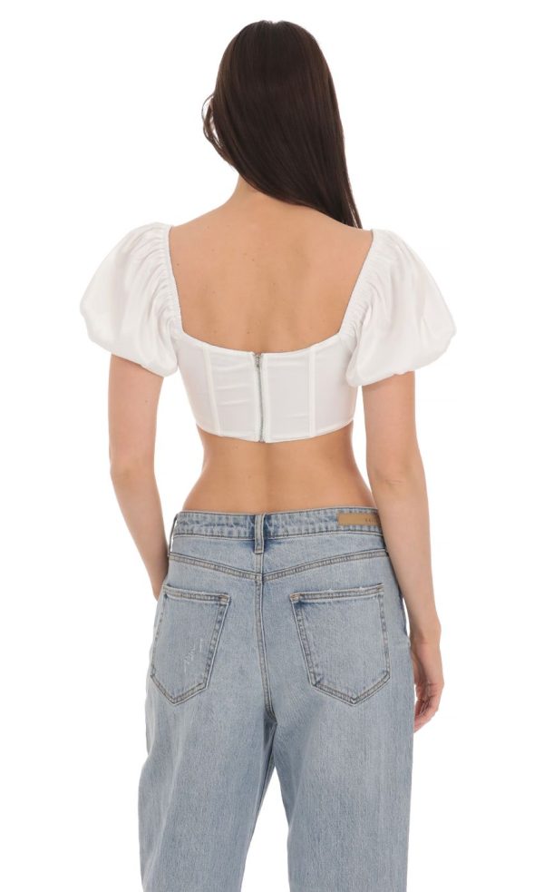 Satin Puff Sleeve Corset Top in White - Image 2