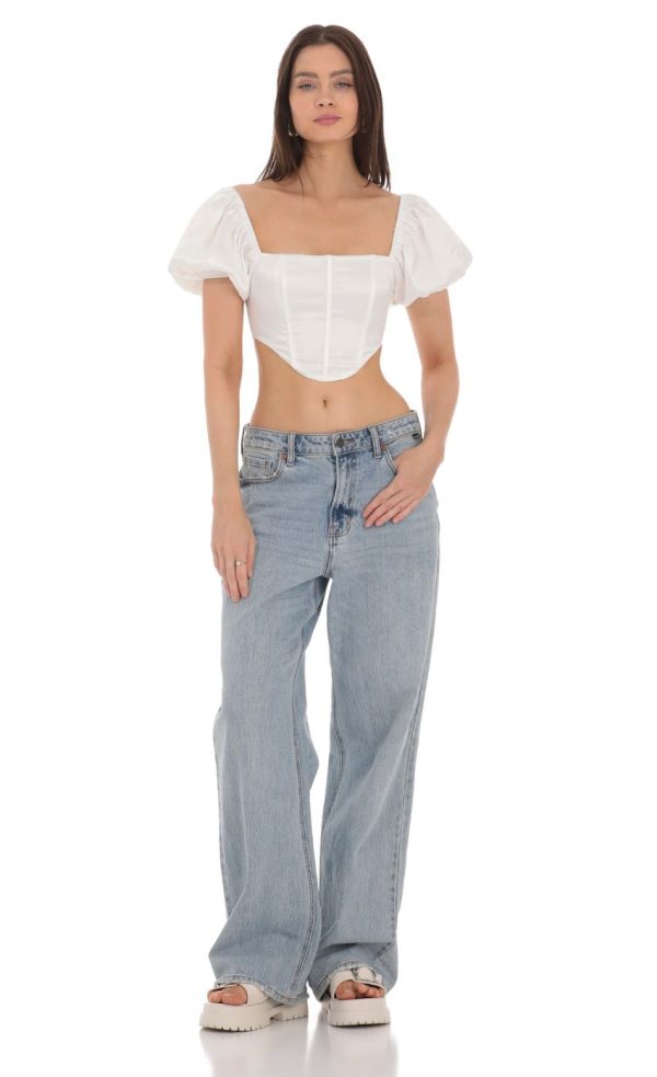 Satin Puff Sleeve Corset Top in White - Image 4