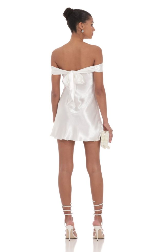 Satin Off Shoulder Dress in White - Image 2