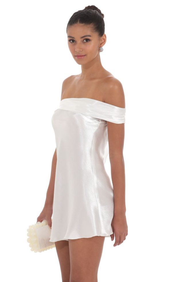 Satin Off Shoulder Dress in White - Image 3