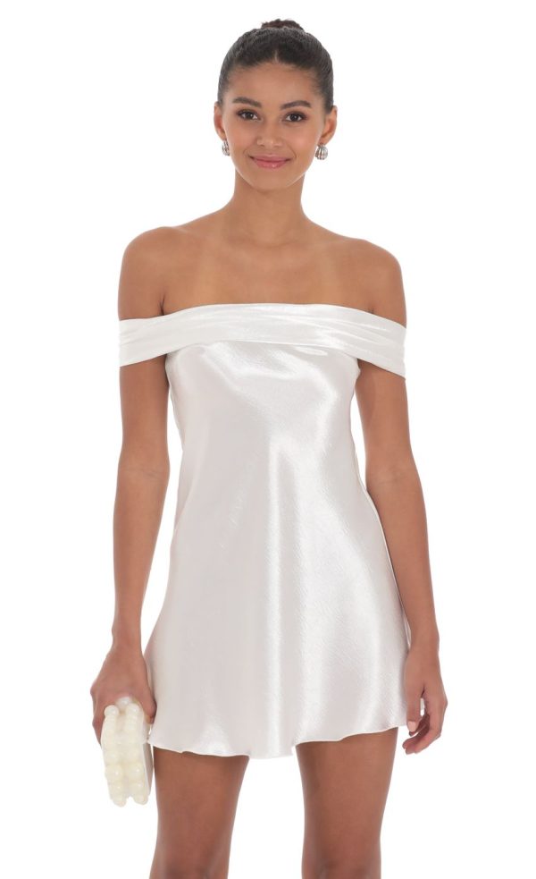 Satin Off Shoulder Dress in White - Image 4