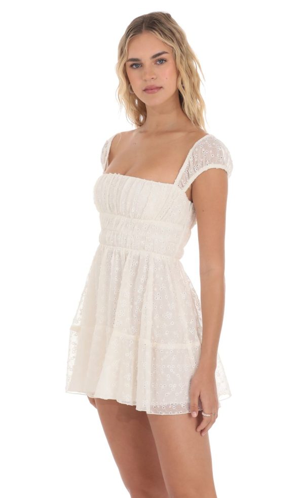 Chiffon Eyelet Cap Sleeve Dress in Cream - Image 3