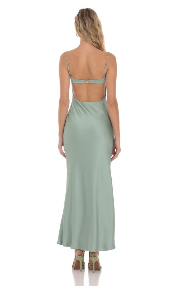Satin Sweetheart Neck Maxi Dress in Sage Green - Image 2