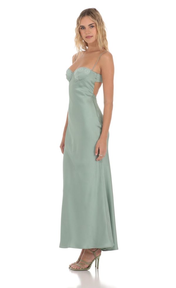 Satin Sweetheart Neck Maxi Dress in Sage Green - Image 3