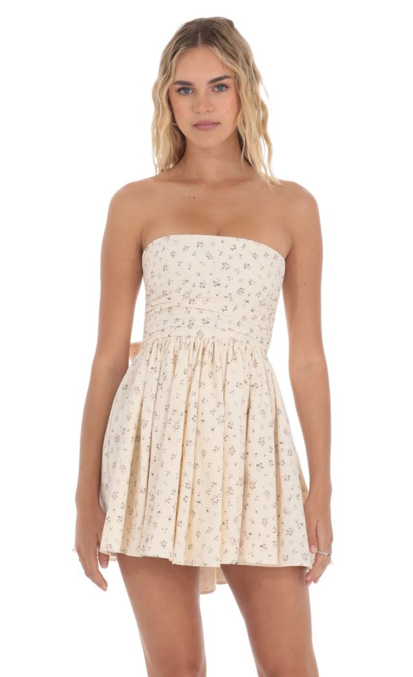 Floral Strapless A-line Dress in Cream - Image 2