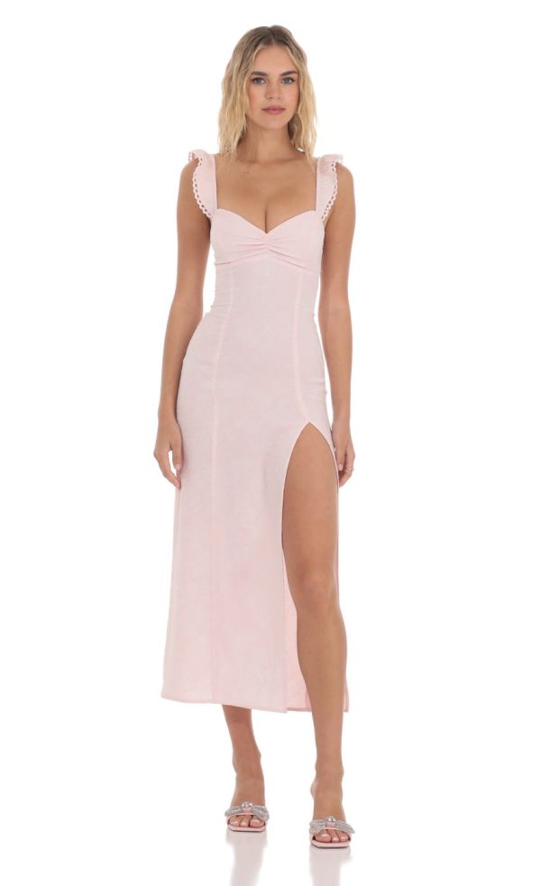 Jacquard Embroidered Strap Midi Dress in Pink