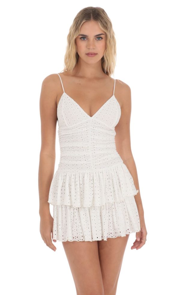 Ruched Ruffle Eyelet Dress in White