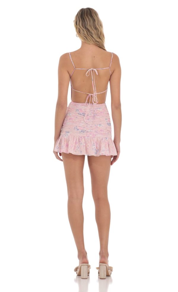 Floral Open Back Ruched Ruffle Dress in Pink - Image 3