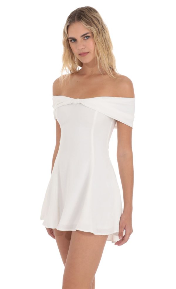 Front Bow Off Shoulder Dress in White - Image 3