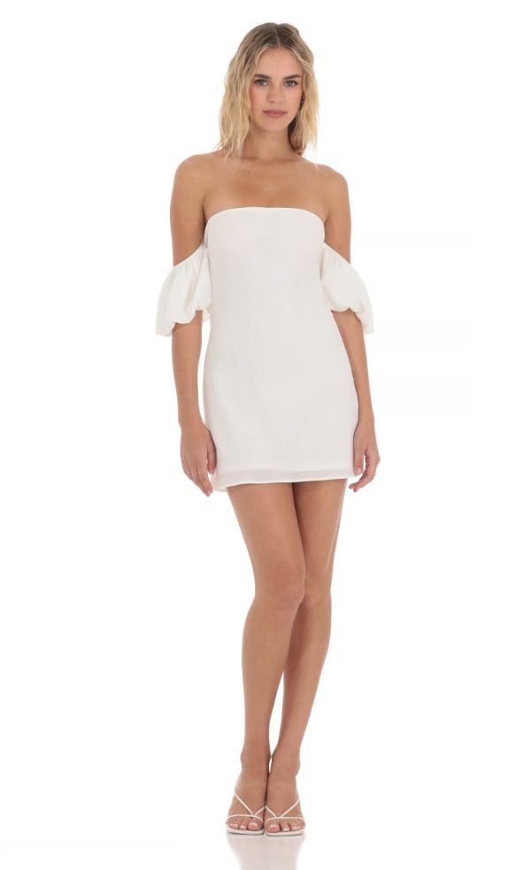 Off Shoulder Puff Sleeve Dress in White - Image 4