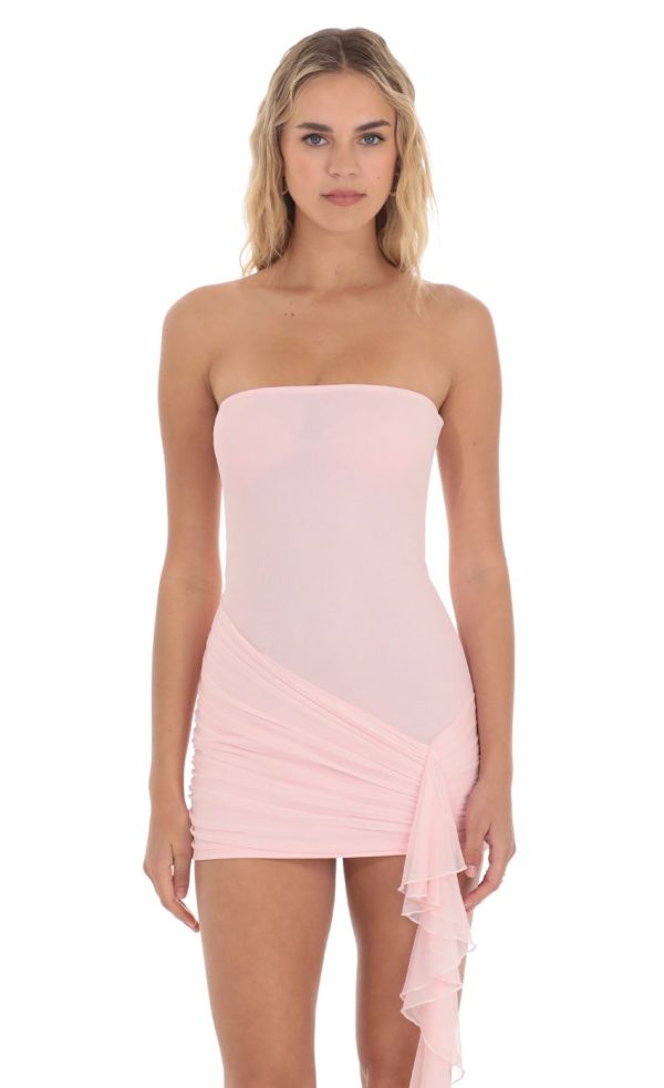Mesh Strapless Tassel Dress in Pink - Image 4