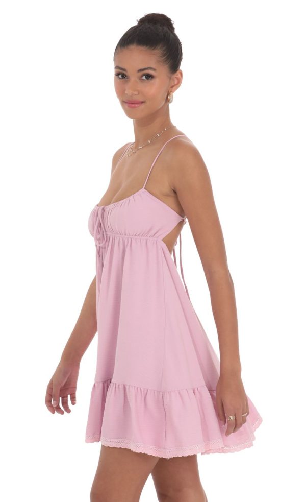 Front Tie Babydoll Dress in Pink - Image 3