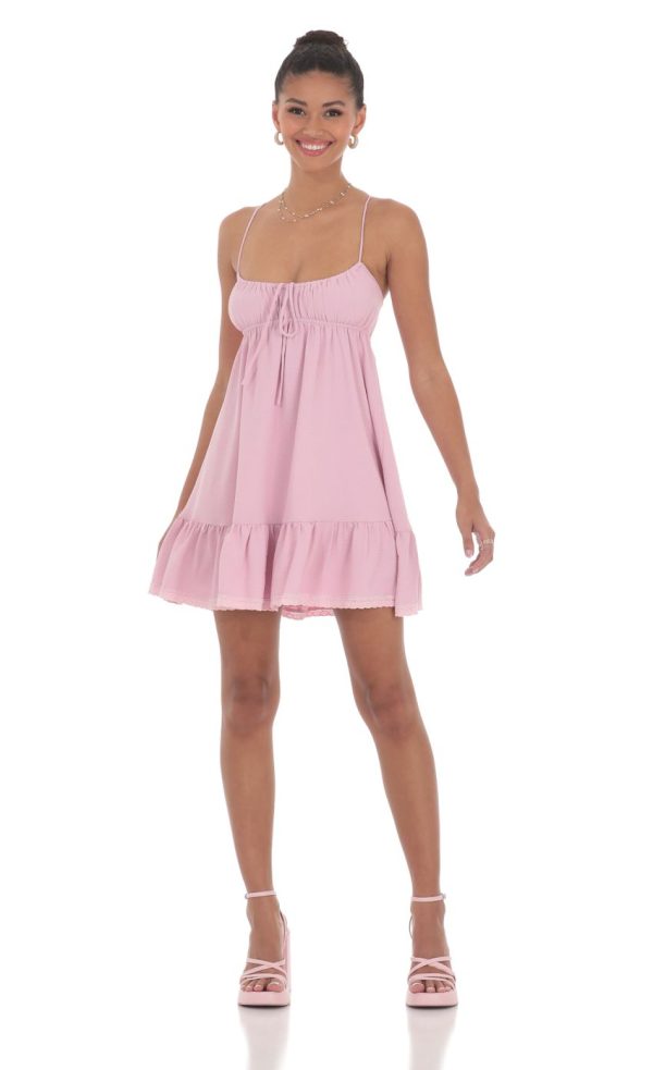 Front Tie Babydoll Dress in Pink - Image 4