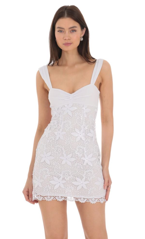 Embroidered Floral Sequin Dress in White