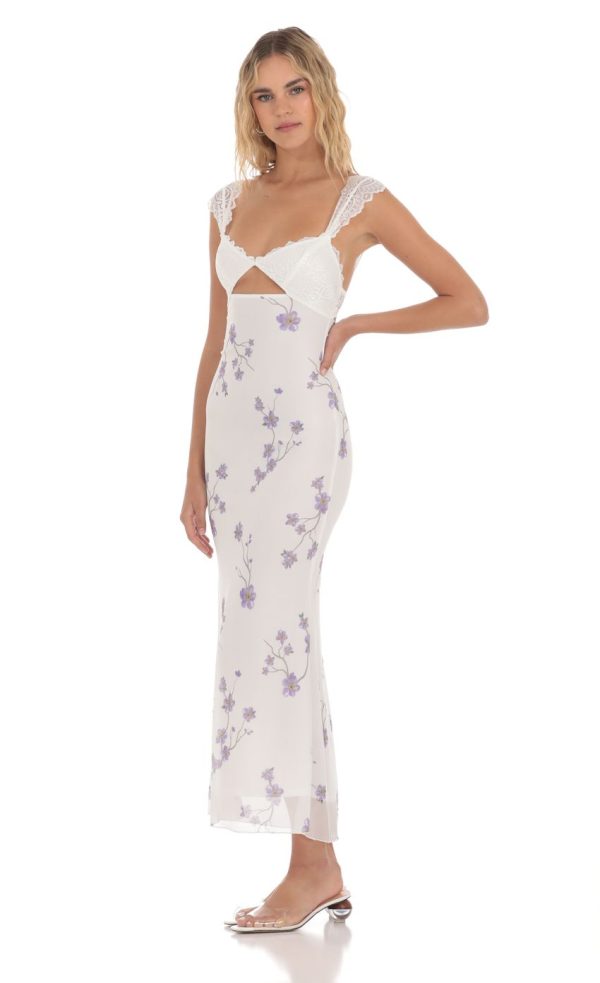 Lace Cutout Floral Maxi Dress in White - Image 3