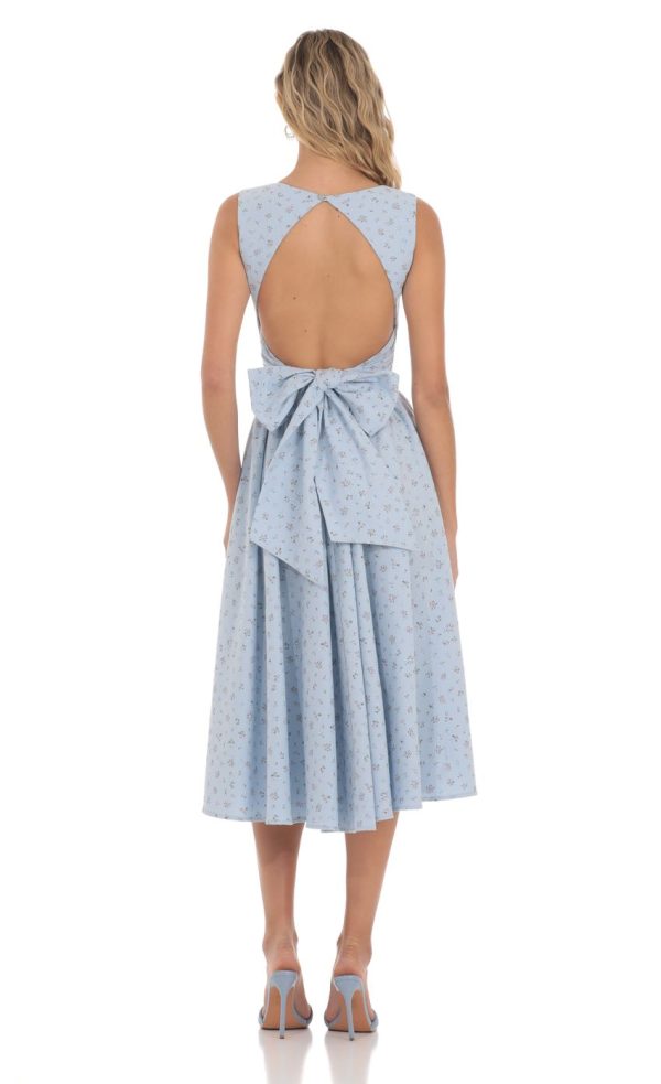 Floral Open Back Midi Dress in Blue