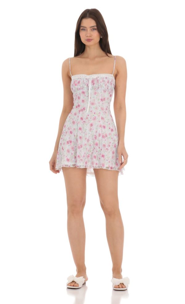 Lace Floral Front Tie Dress in White - Image 4