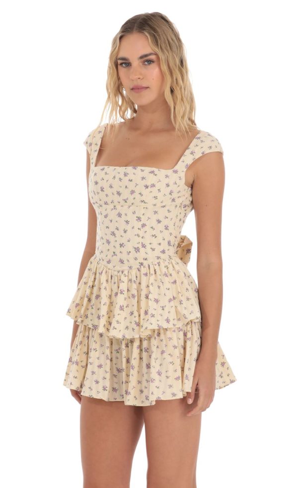 Floral Ruffle Capped Sleeve Dress in Yellow - Image 3
