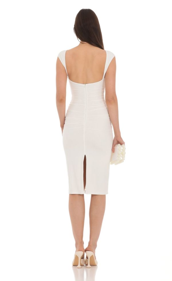 Open Back Ruched Midi Dress in White