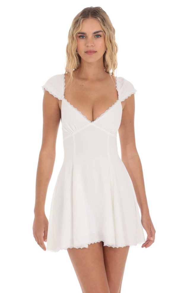 Lace Trim Cap Sleeve Dress in White - Image 4