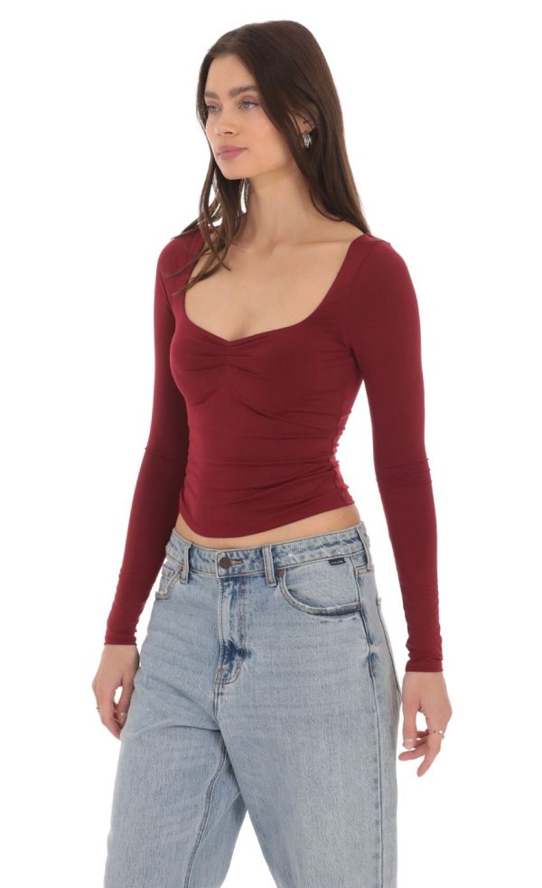 Fitted Long Sleeve Top in Maroon - Image 3