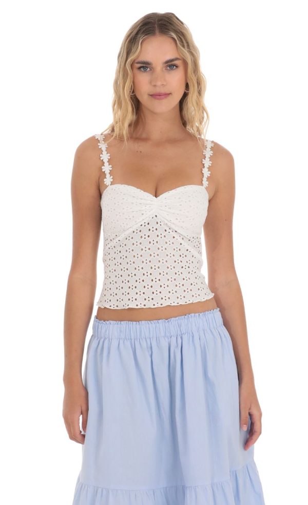 Floral Strap Eyelet Top in White