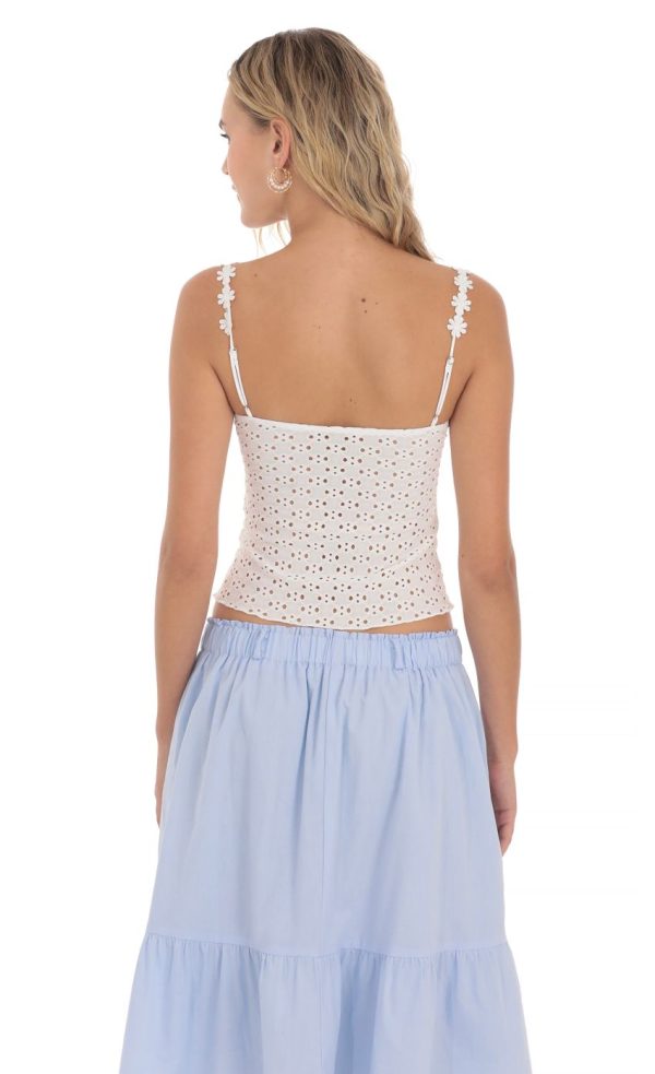 Floral Strap Eyelet Top in White - Image 2