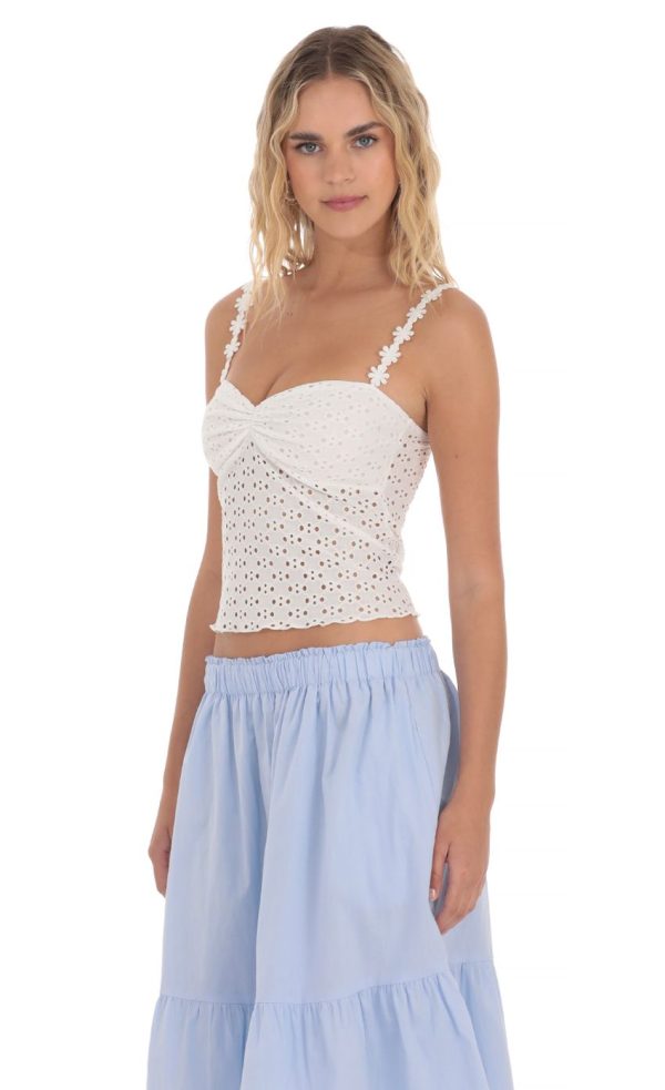Floral Strap Eyelet Top in White - Image 3