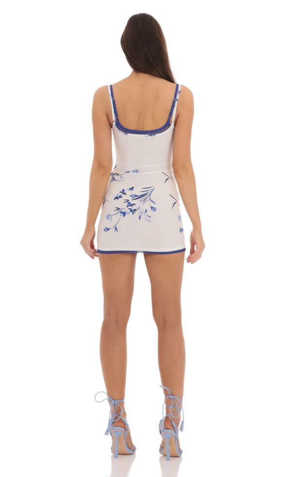 Double Strap Mesh Floral Bodycon Dress in White - Image 2
