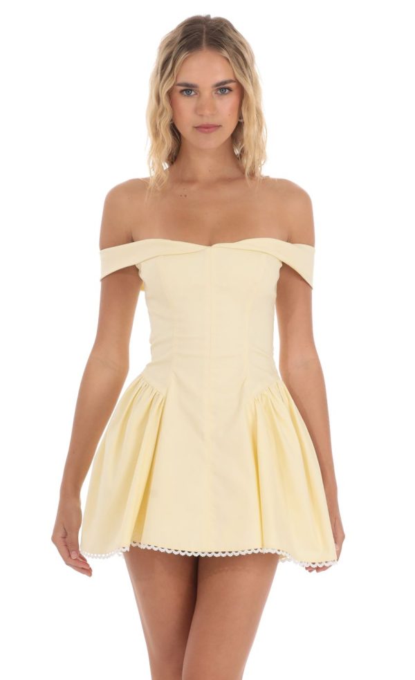 Off Shoulder Fit and Flare Dress in Yellow - Image 4
