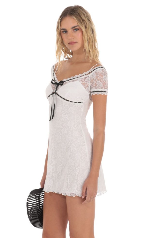 Black Ribbon Lace Dress in White - Image 3