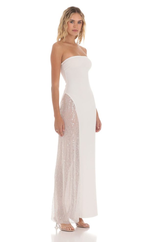 Strapless Mesh Sequin Slit in White - Image 3