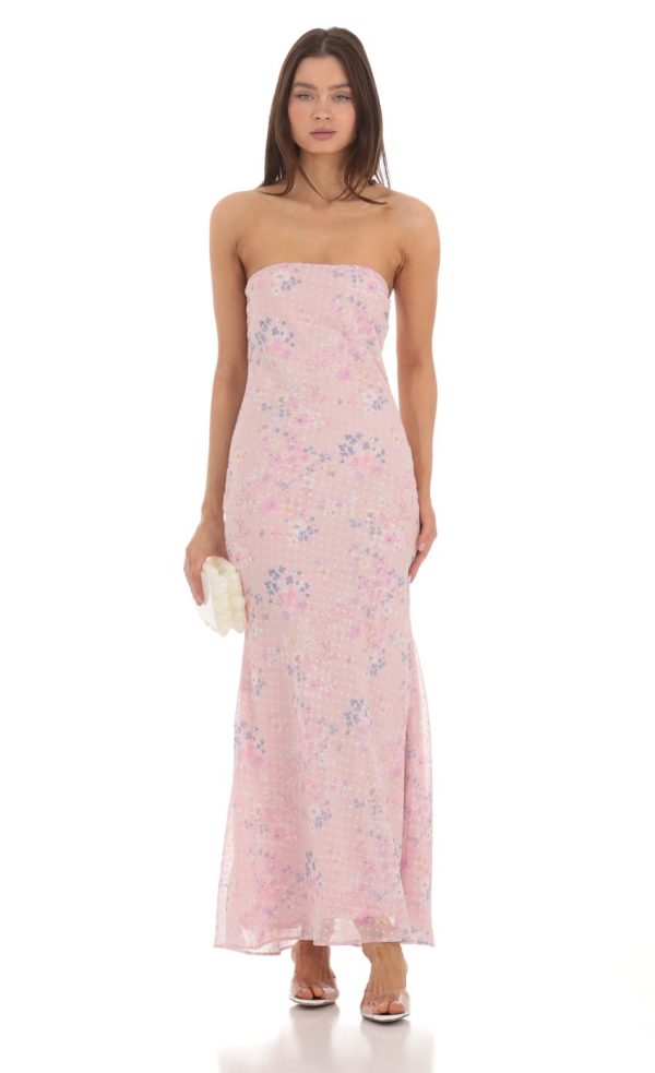 Dotted Floral Strapless Maxi Dress in Pink - Image 2