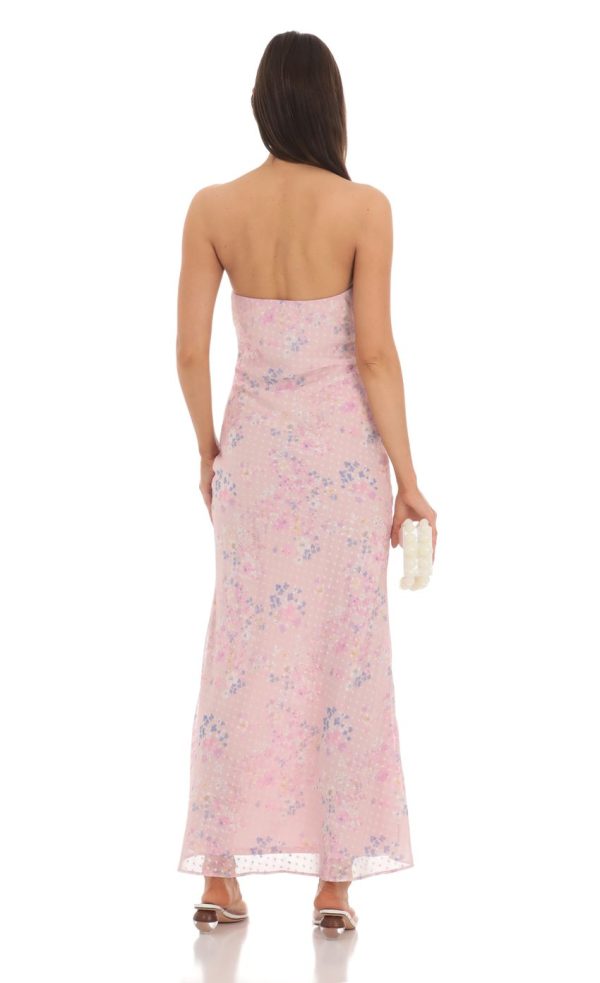 Dotted Floral Strapless Maxi Dress in Pink - Image 3