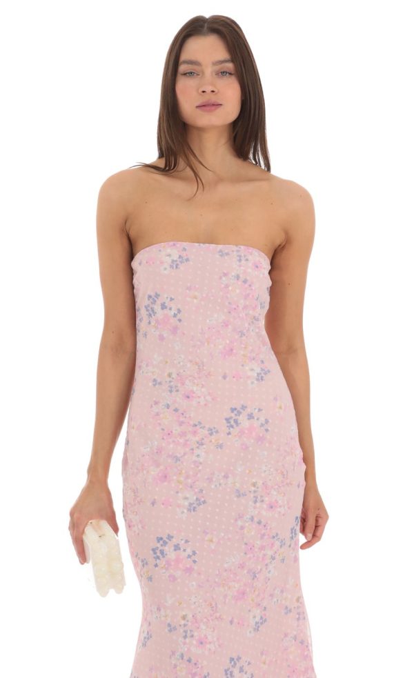 Dotted Floral Strapless Maxi Dress in Pink - Image 4