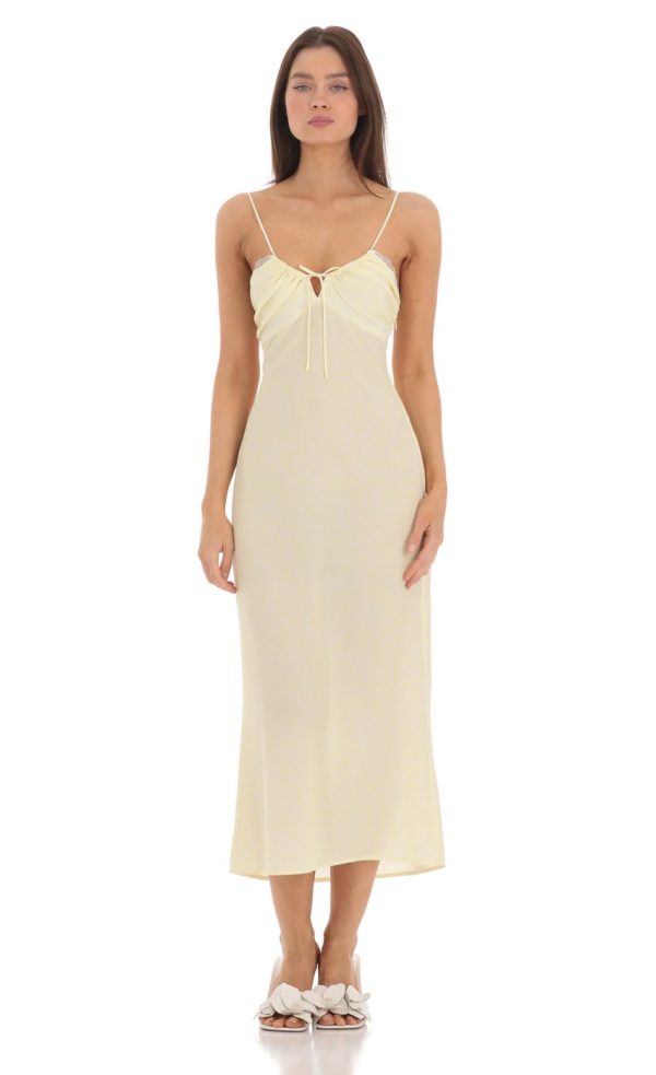 Lace Trim Front Tie Midi Dress in Yellow - Image 3