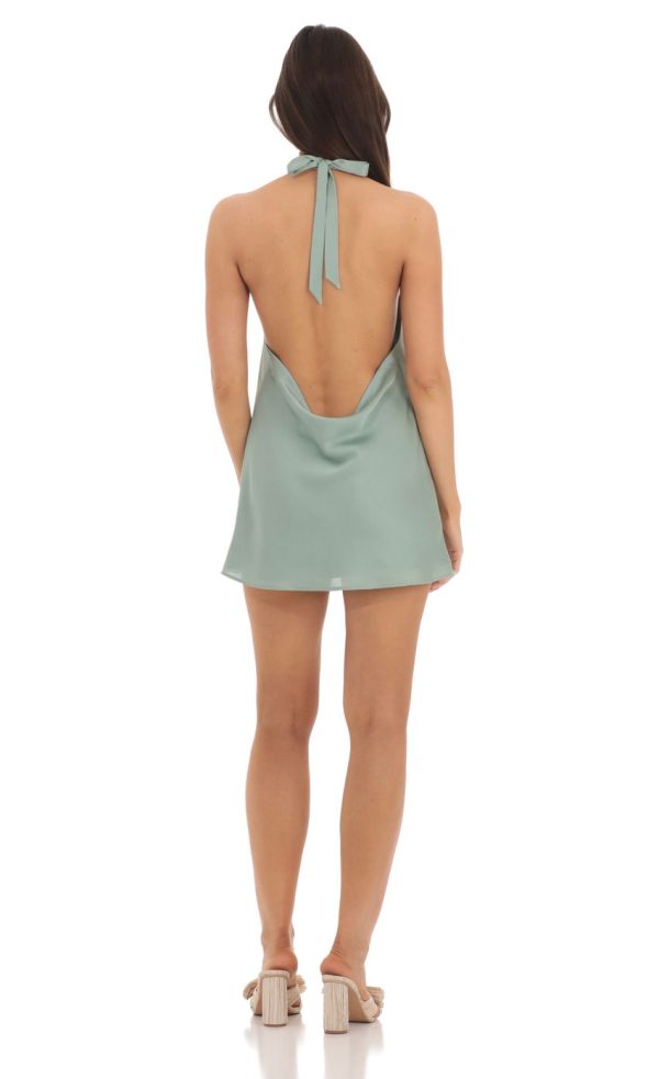 Satin Halter Open Back Dress in Sage