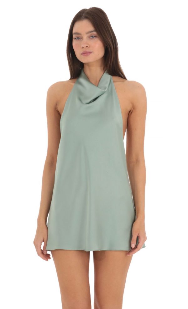 Satin Halter Open Back Dress in Sage - Image 4